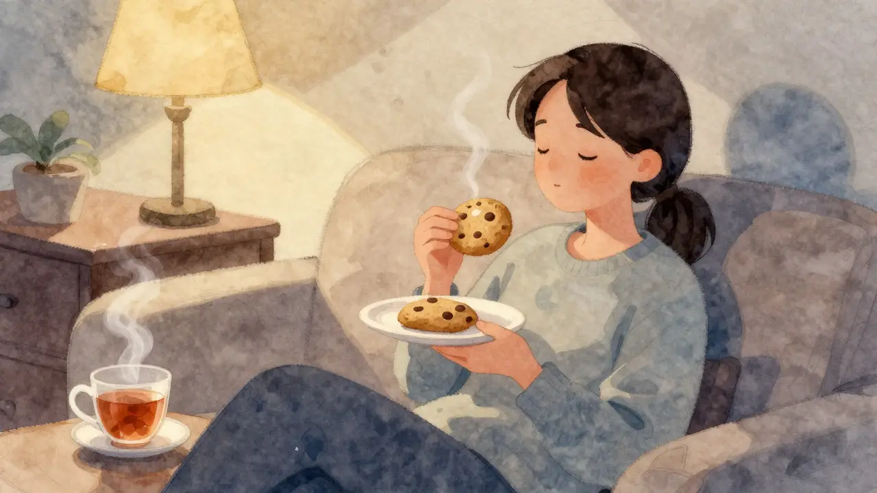 Ilustrace uvolněného člověka s cookies večer na gauči při čtení
