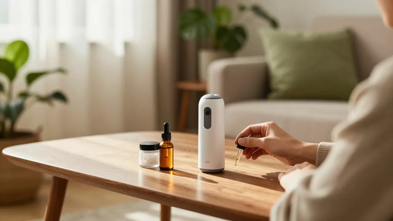 Moderní vaporizér a CBD produkty na stole v klidném interiéru