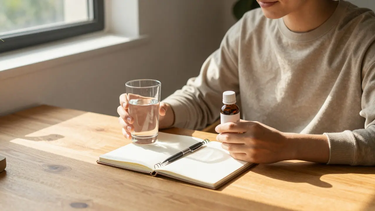 Person at a desk drinking water alongside a CBD beverage in a sunny room