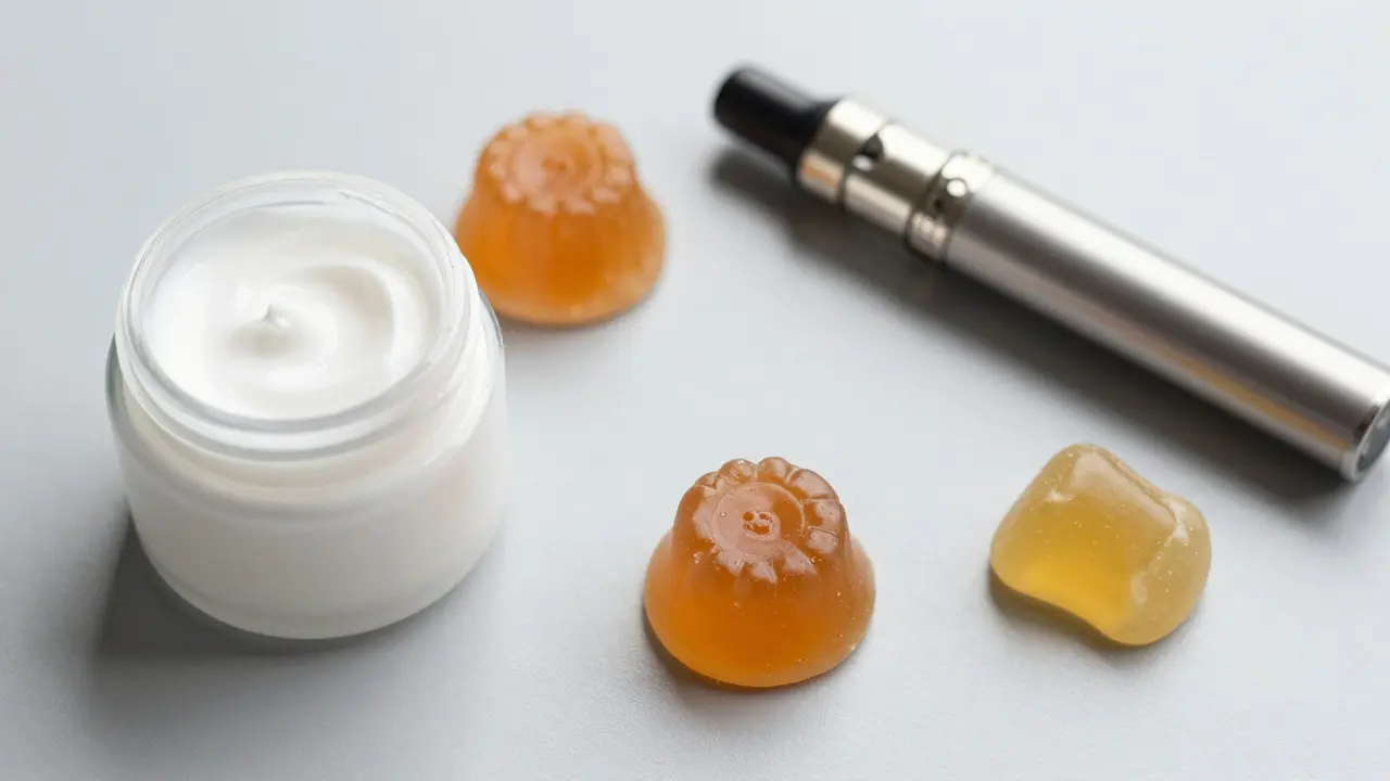 Různé formy produktů CBD, včetně krému, žvýkací gumy a vaporizéru, uspořádané na šedém povrchu.