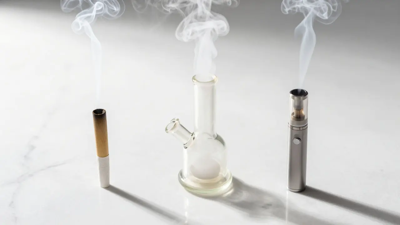 Srovnání bonga, papírku a vaporizéru na stole