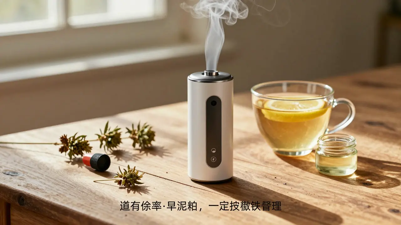 Vaporizér a šálek čaje s olejem na dřevěném stole
