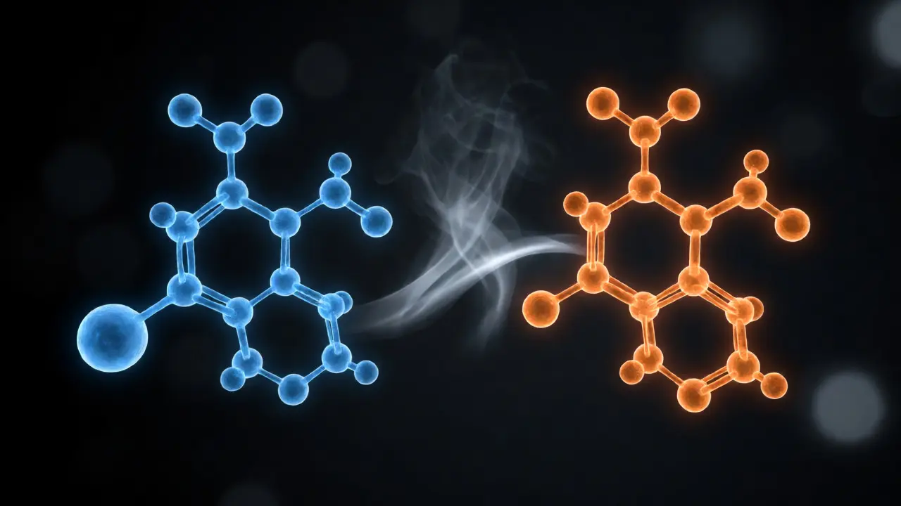Vizualizace chemické přeměny molekuly THCA na THC pomocí tepla.