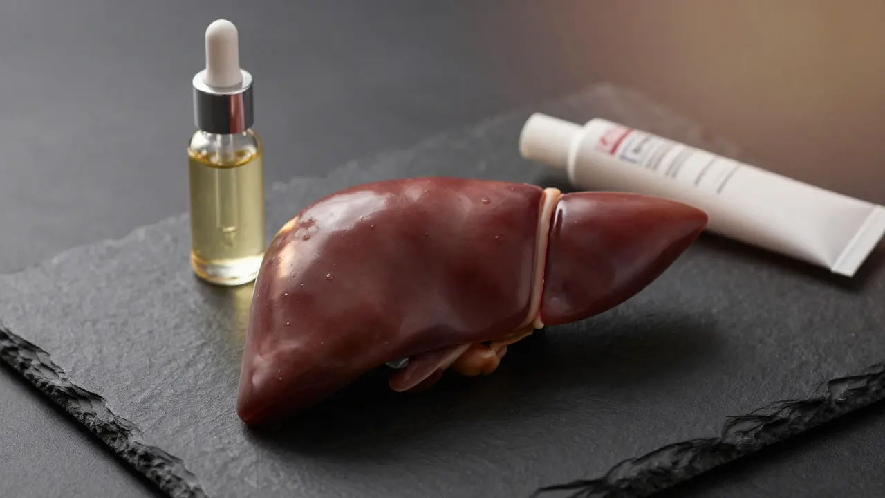 Zdravé játro na tmavém povrchu s produkty CBD symbolizujícími nízkou zátěž
