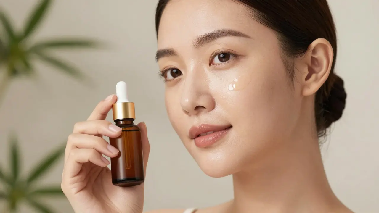 Žena aplikující sérum s CBD na zářivou pleť v luxusním stylu