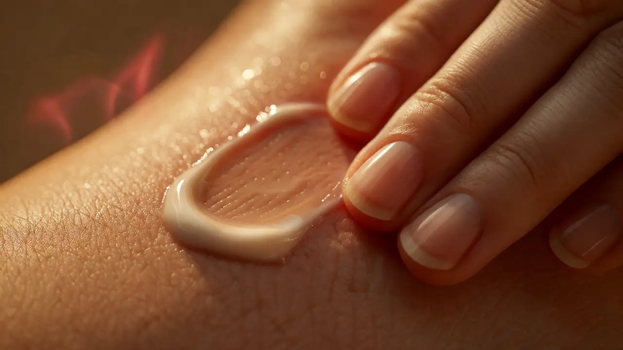 Detailní záběr na vmasírování CBD krému do pokožky pro lokální úlevu od bolesti.