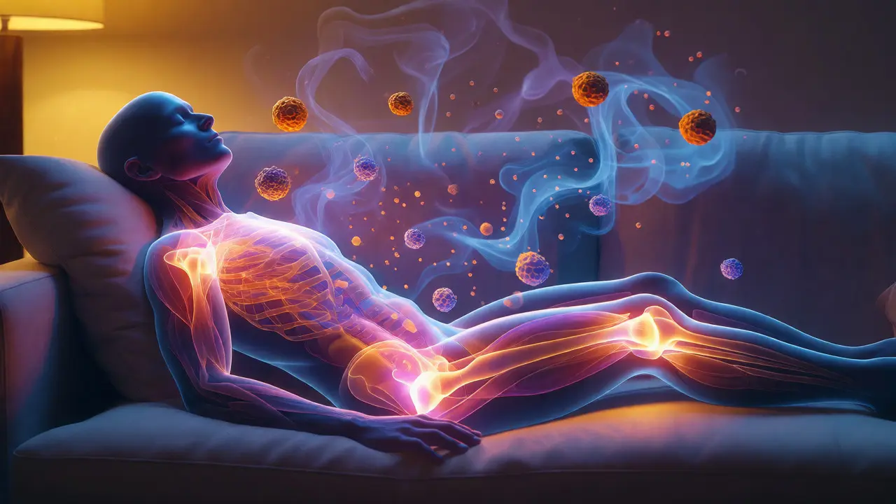 Ilustrace uvolnění svalů pomocí indiky a terpenů