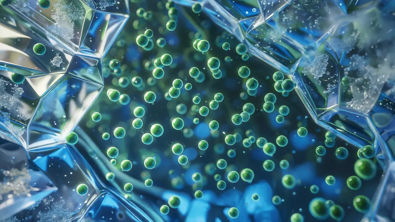 Makro pohled na nano-emulzi kanabinoidů v čirém nápoji s ledovými krystaly