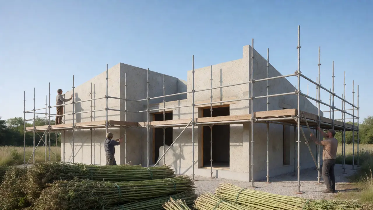 Moderní dům ve výstavbě z konopného betonu s balíky surového konopí na stavbě.