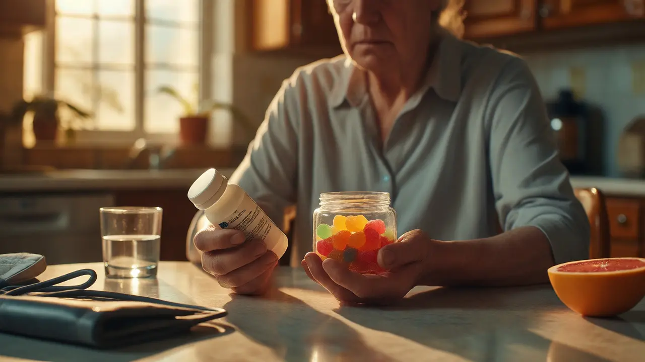 Pacient zvažující kombinaci léků a CBD gummies u stolu
