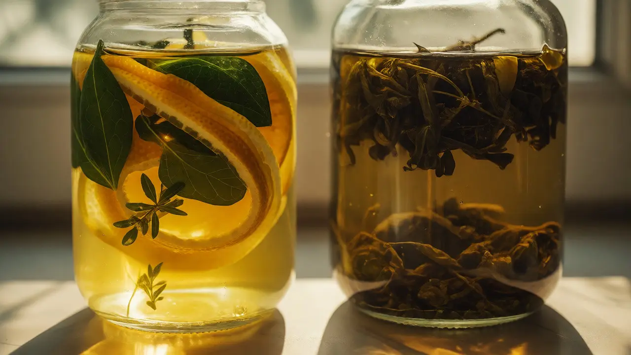 Porovnání čerstvé a přelouhované infuze v sklenicích