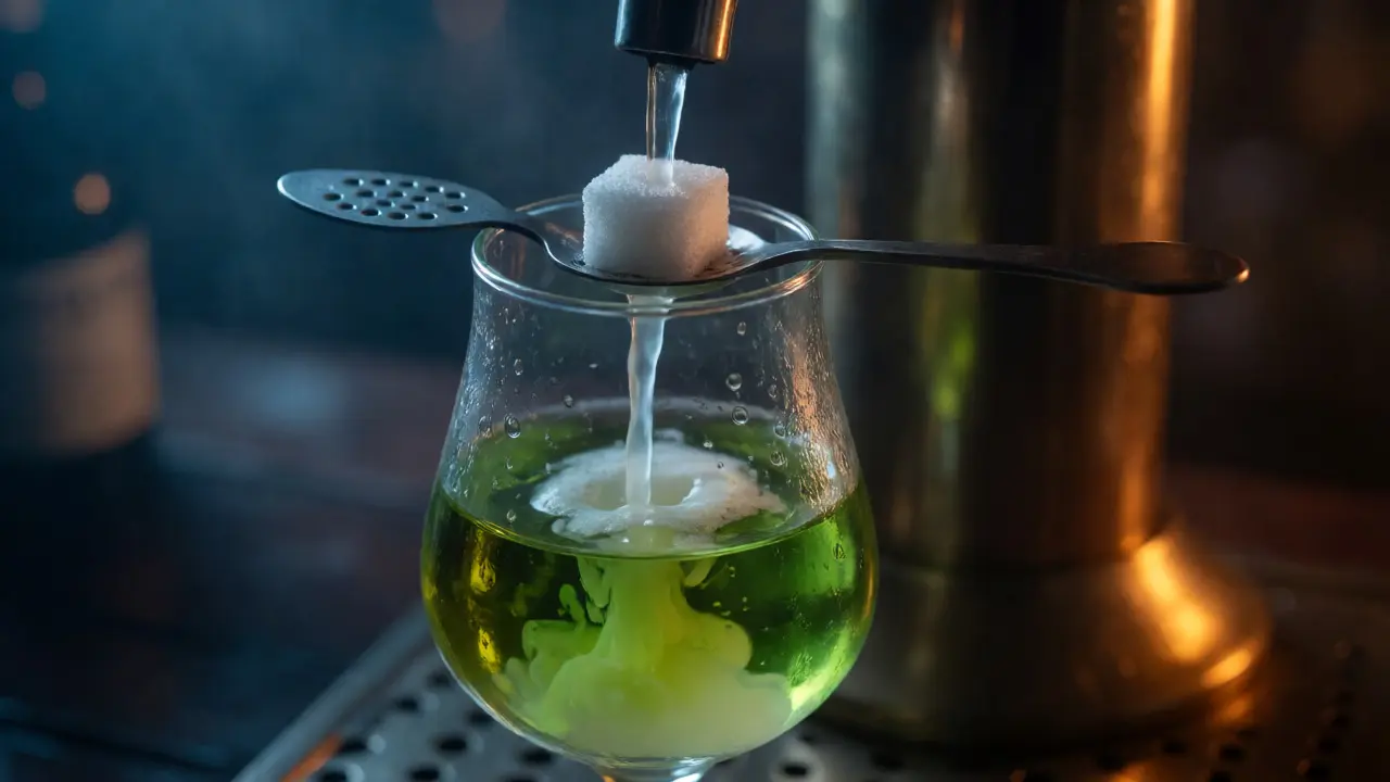 Příprava absintu: voda teče přes kostku cukru do sklenice, způsobující zakalení louche.