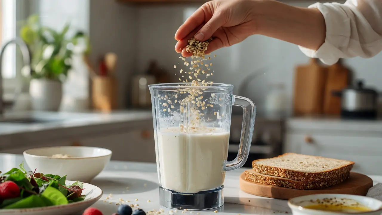 Ruce sypou loupaná konopná semínka do mixéru se smoothie v kuchyni