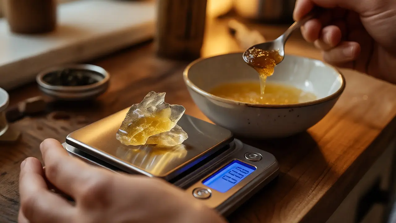 Ruka váží křehký kus shatteru na digitálních vahách, zatímco se lžičkou bere wax