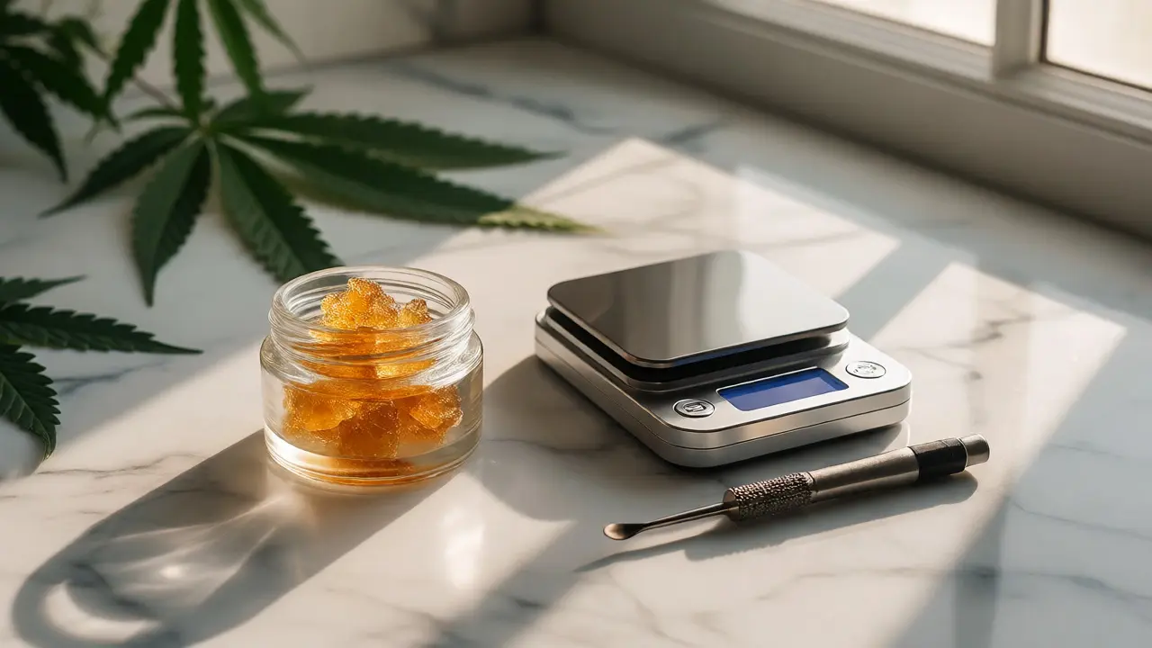 Skleněná nádoba s CBD shatterem vedle digitálních vah na mramorové desce.
