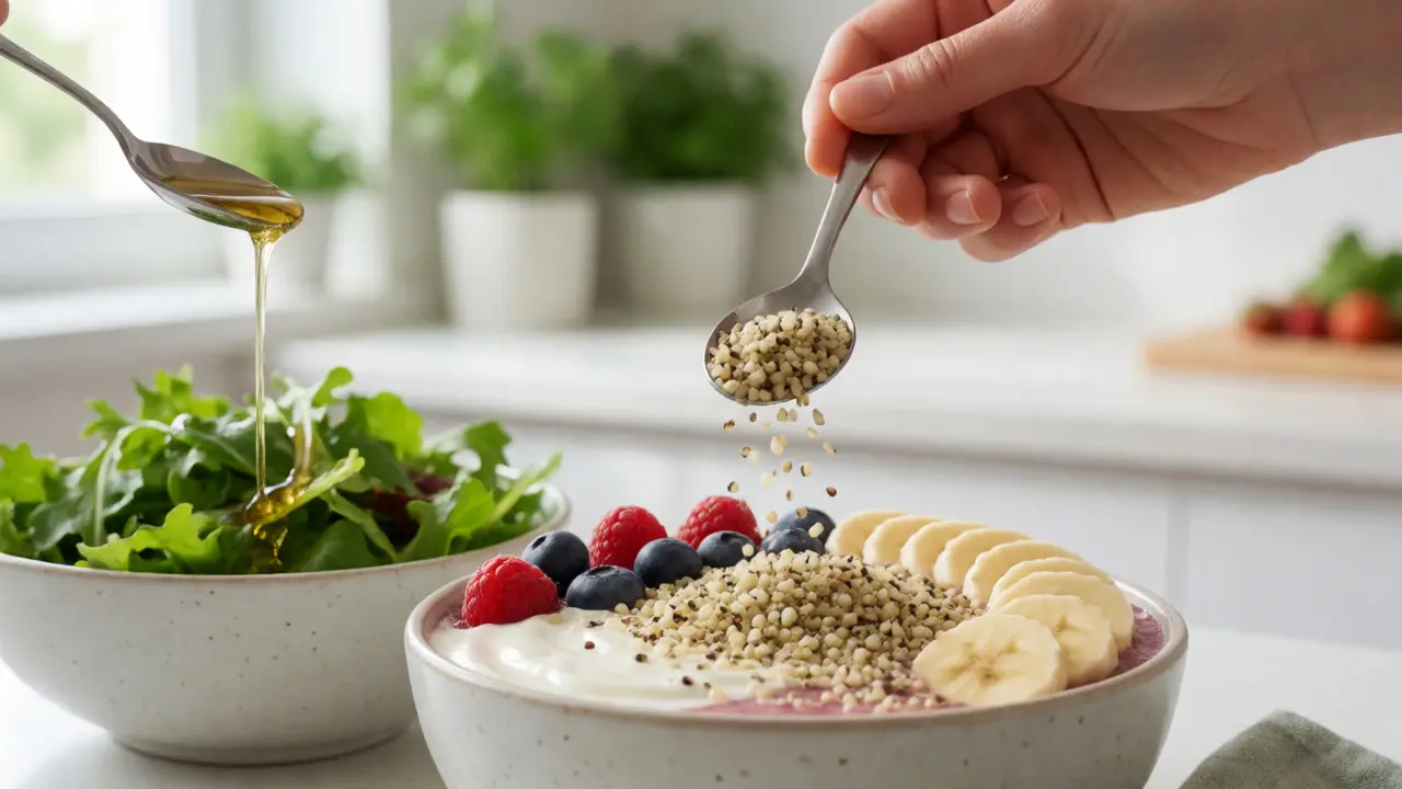 Smoothie bowl posypaný konopnými semínky a salát s konopným olejem
