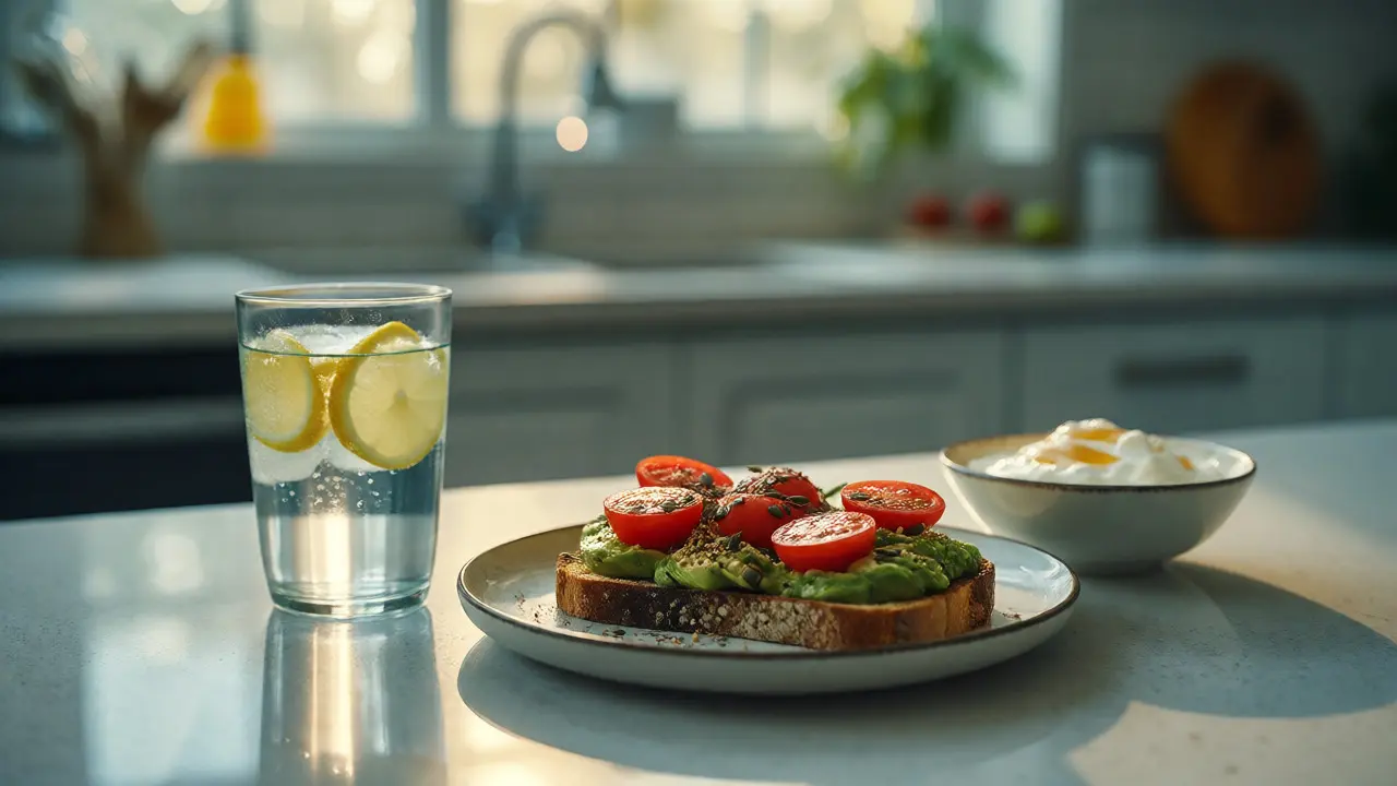 Zdravý avokádový toast s vodou a jogurtem na kuchyňské lince v denním světle.