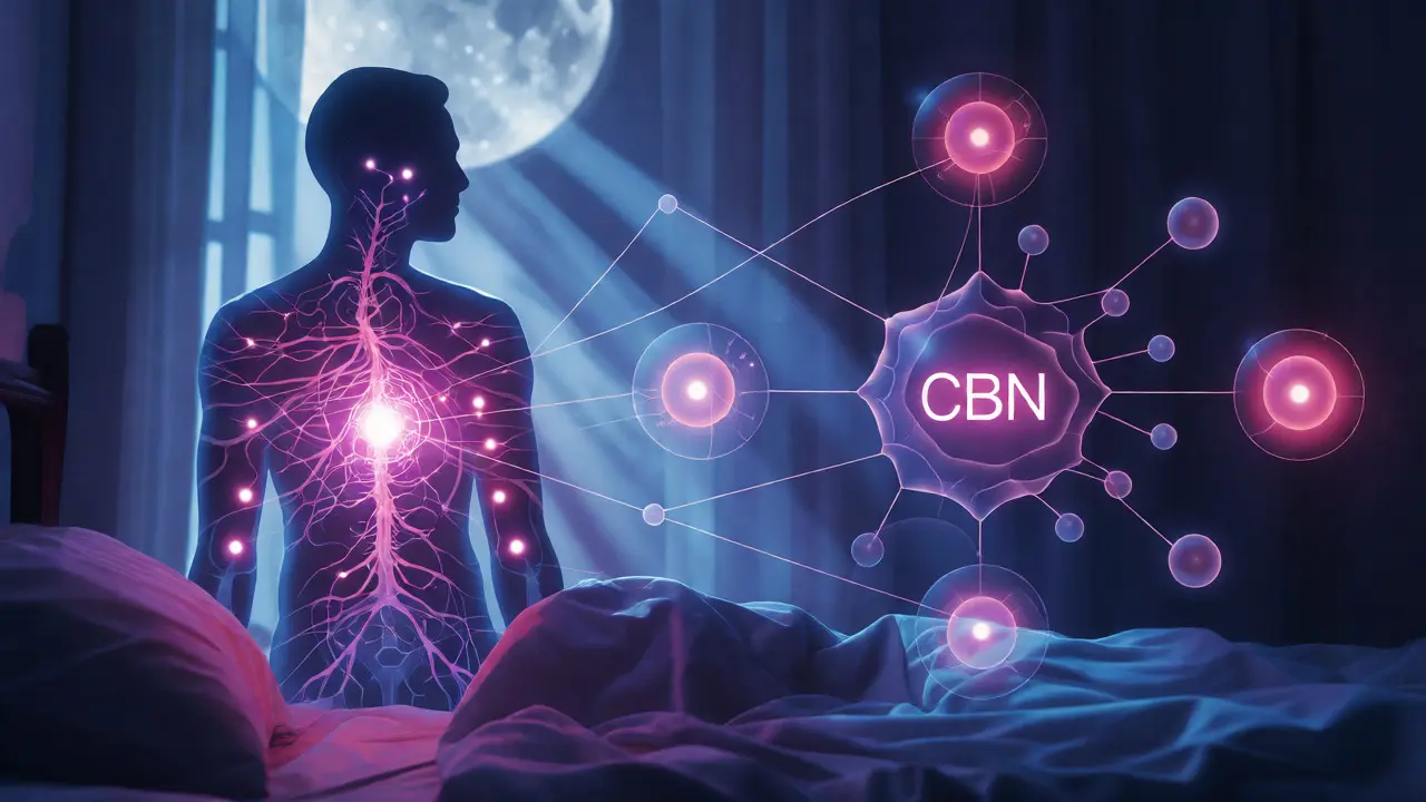 Abstraktní vizualizace vlivu CBN na spánek a hormonální rovnováhu