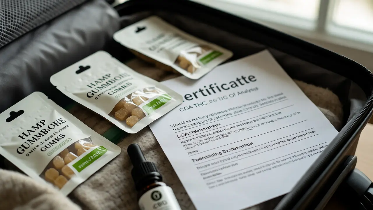 Balíček HHC gummies a certifikát analýzy v příručním zavazadle