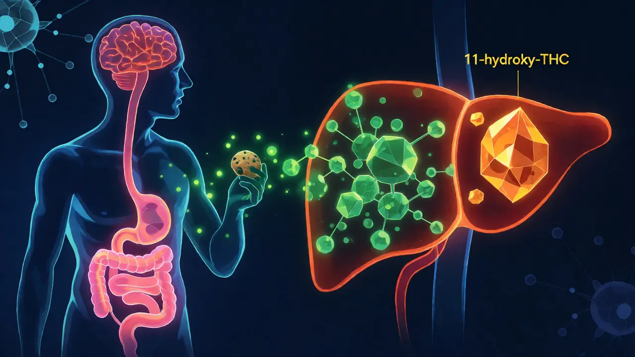 Ilustrace metabolizace THC na 11-hydroxy-THC v játrech