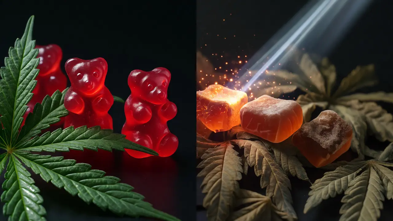Konceptuální makro snímek degradace kanabinoidů pod vlivem UV záření.