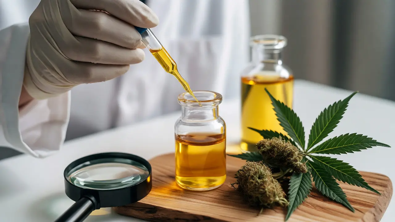 Laboratorní scéna s pipetou a zlatým olejem pro kontrolu kvality