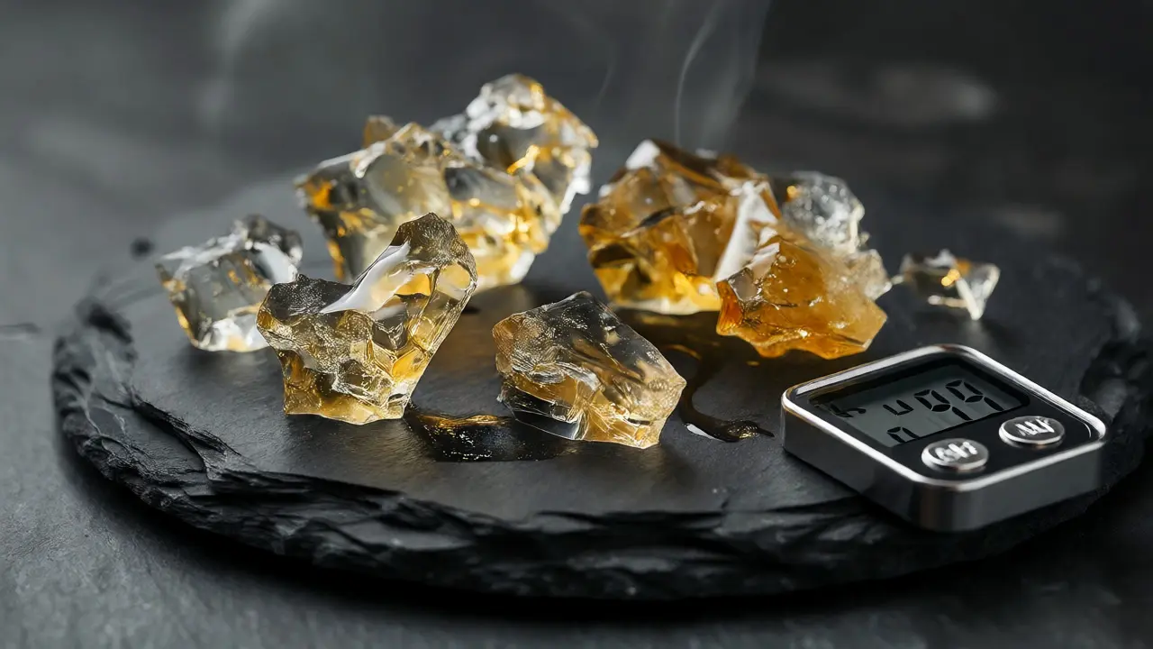 Makro snímek krystalického CBD shatteru vedle digitální váhy