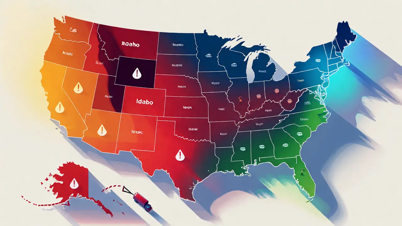 Mapa USA s barevně odlišenými zónami rizika pro CBD