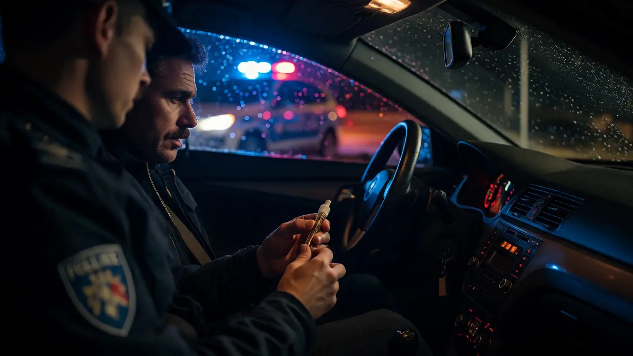 Policejní kontrola řidiče s vape zařízením v noci