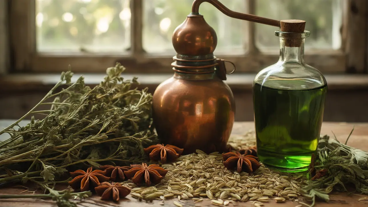 Suroviny pro výrobu absintu: palina, anýz a fenykl u měděného destilátoru