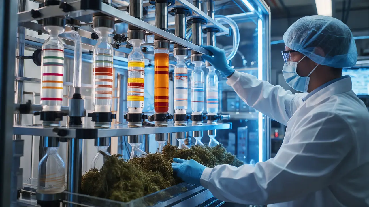 Vědec v laboratoři používá chromatografii k izolaci kanabinoidů.